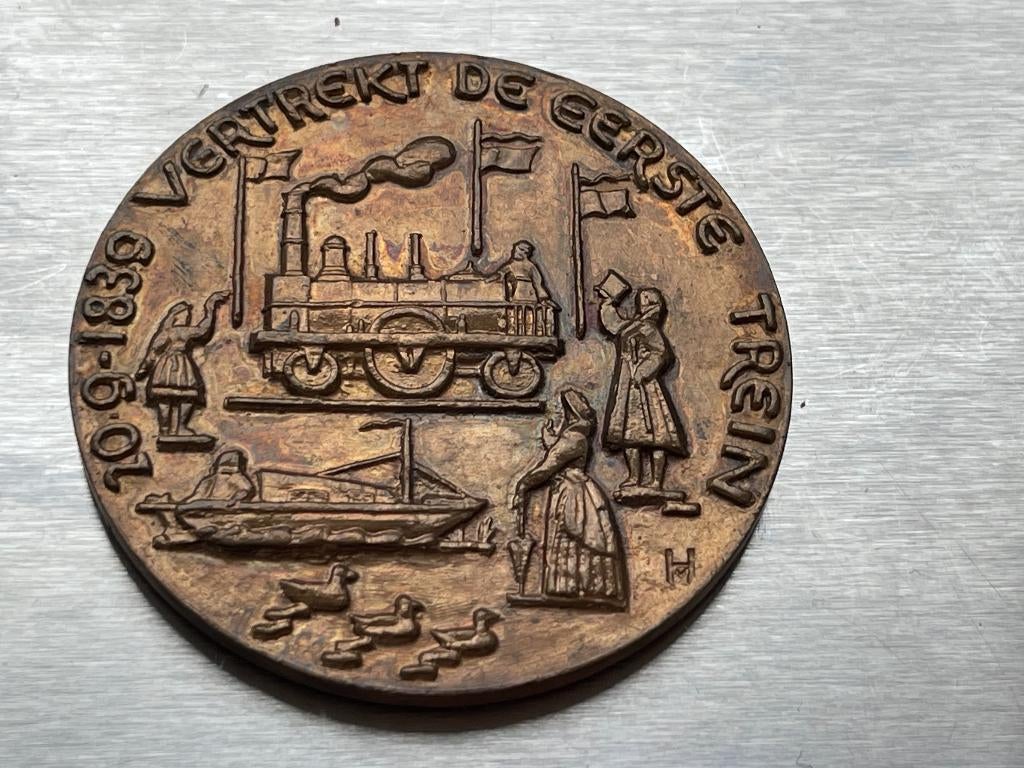 Penning 100 jaar Nederlandse Spoorwegen Frits van Hall, Postzegels en Munten, Ophalen of Verzenden, Brons, Nederland