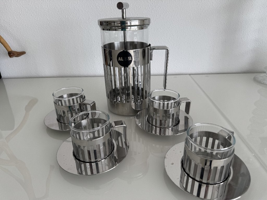 Alessi Cafetière press + 4 kop en schotels, Ophalen, Overige typen, Zilver, Zo goed als nieuw