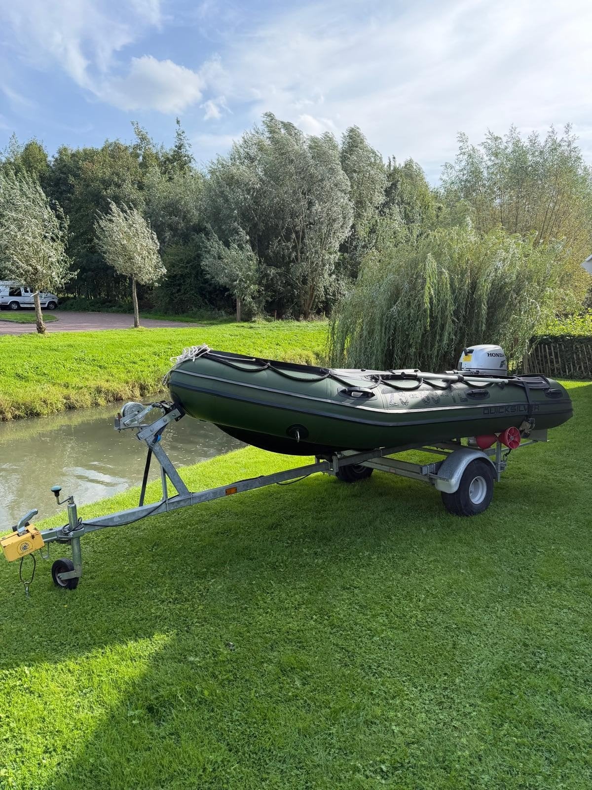Quicksilver 380 HD rubberboot met Honda 20pk motor, Watersport en Boten, Rubberboten, Ophalen, Quicksilver, Gebruikt, Afdekzeil