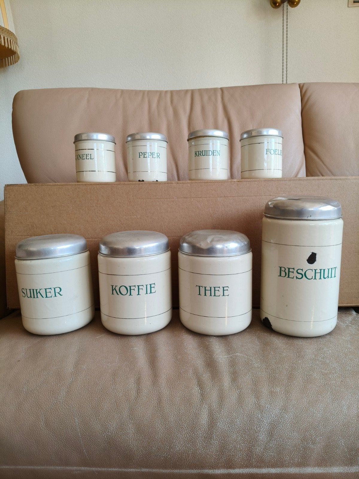 Vintage emaille voorraadpotten set - 8 stuks, Antiek en Kunst, Ophalen