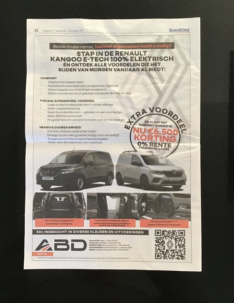 Advertentie van Renault Kangoo E-Tech Electric. Gratis., Verzenden, 1980 tot heden, Nederland, Knipsel(s)