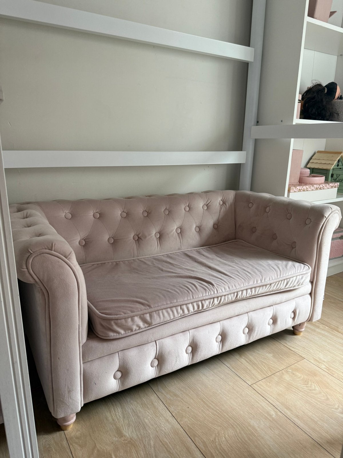 Leuk roze kinder bankje, Minder dan 75 cm, Tweepersoons, Ophalen of Verzenden, Zo goed als nieuw