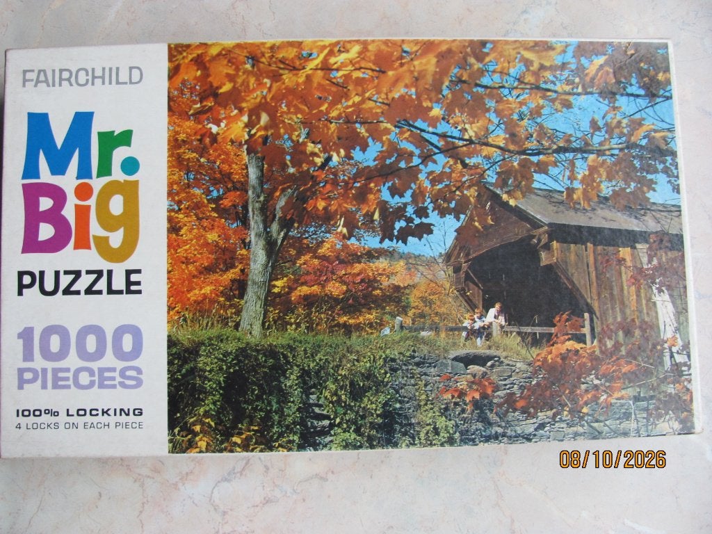 VINTAGE 1000 pcs FAIRCHILD foto PUZZEL Mass. COVERED BRIDGE, Ophalen of Verzenden, Gebruikt