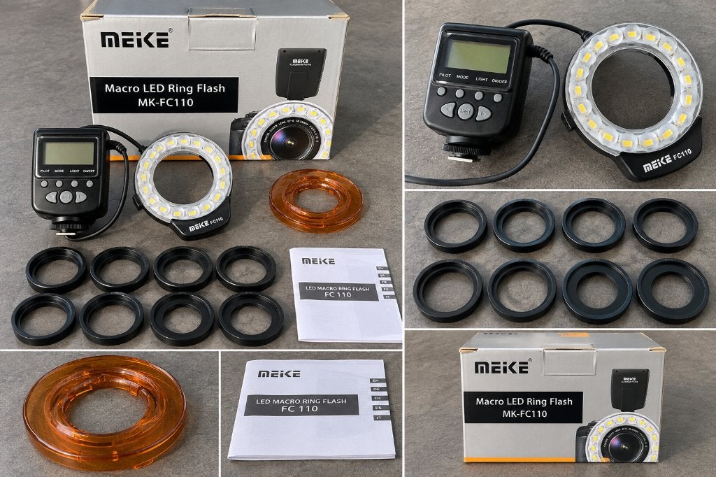 Meike MK-FC110 Macro LED Ringflitser – complete set, Canon, Zo goed als nieuw, Ringflitser, Ophalen