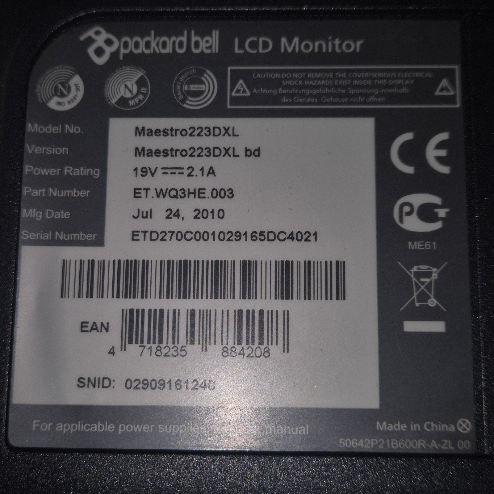 Packard Bell Maestro 223DXL Full HD LED Monitor 21.5 inch, Computers en Software, Gebruikt, Packard Bell, Full HD, Ophalen of Verzenden