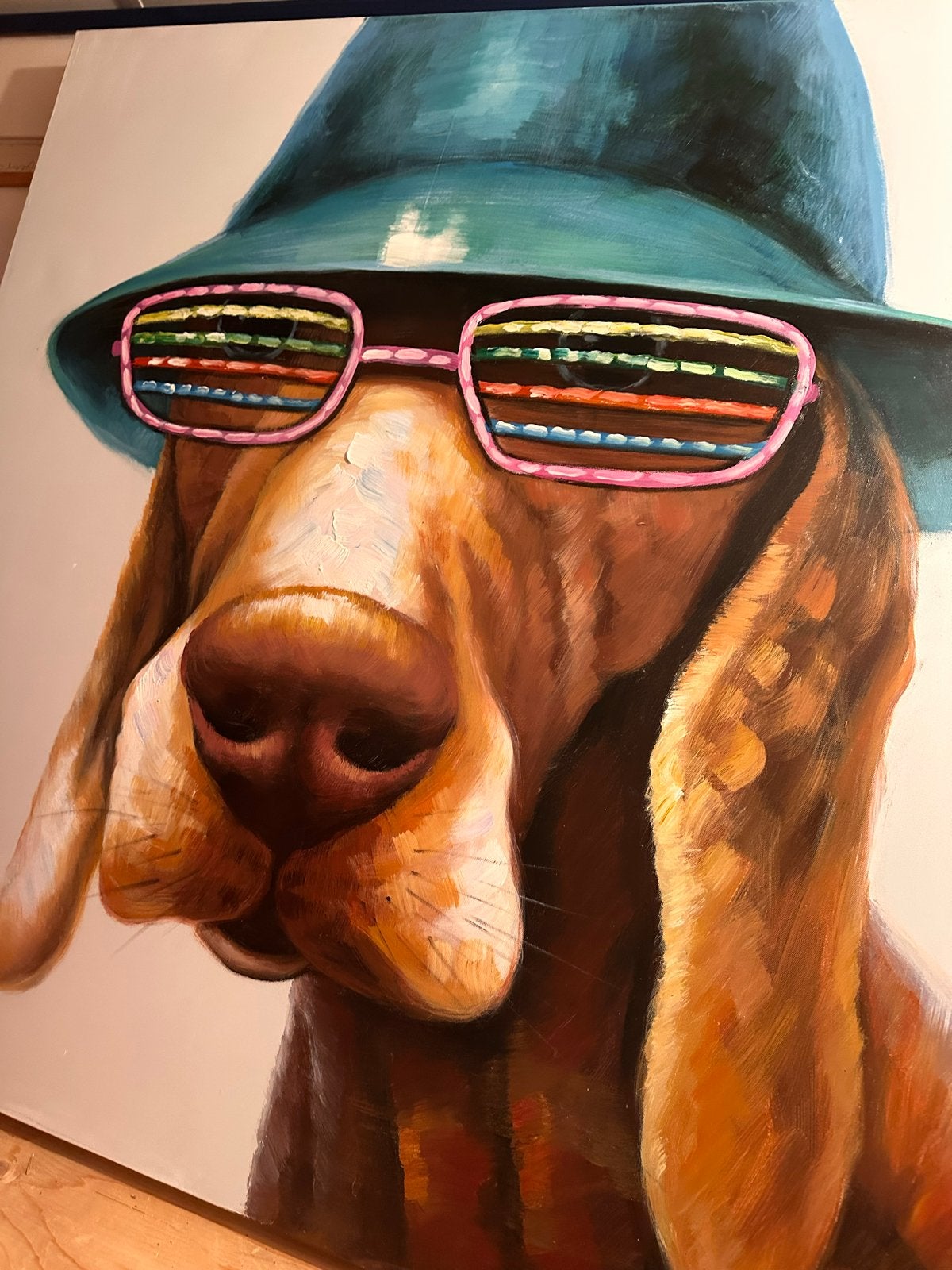 Modern Schilderij Hond met Hoed en Zonnebril 100x100cm, Antiek en Kunst, Kunst | Schilderijen | Modern, Ophalen, Handgeschilderd