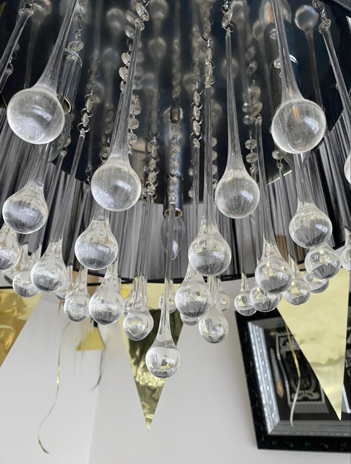 hanglamp met zwarte organza kap en glazen druppels, Ophalen, Zo goed als nieuw, Glas, E27 (groot)