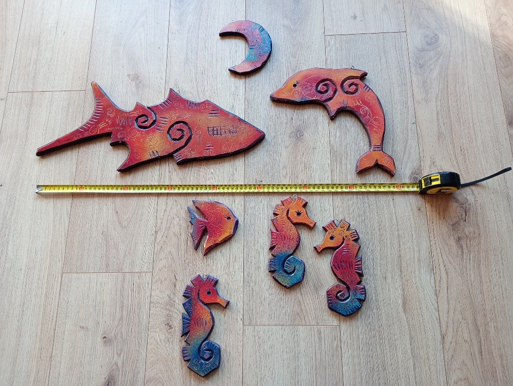 7x houten vis zeepaard maan - wanddecoratie - handgemaakt, Wandsculptuur, Handgemaakt, Hout, Meerkleurig