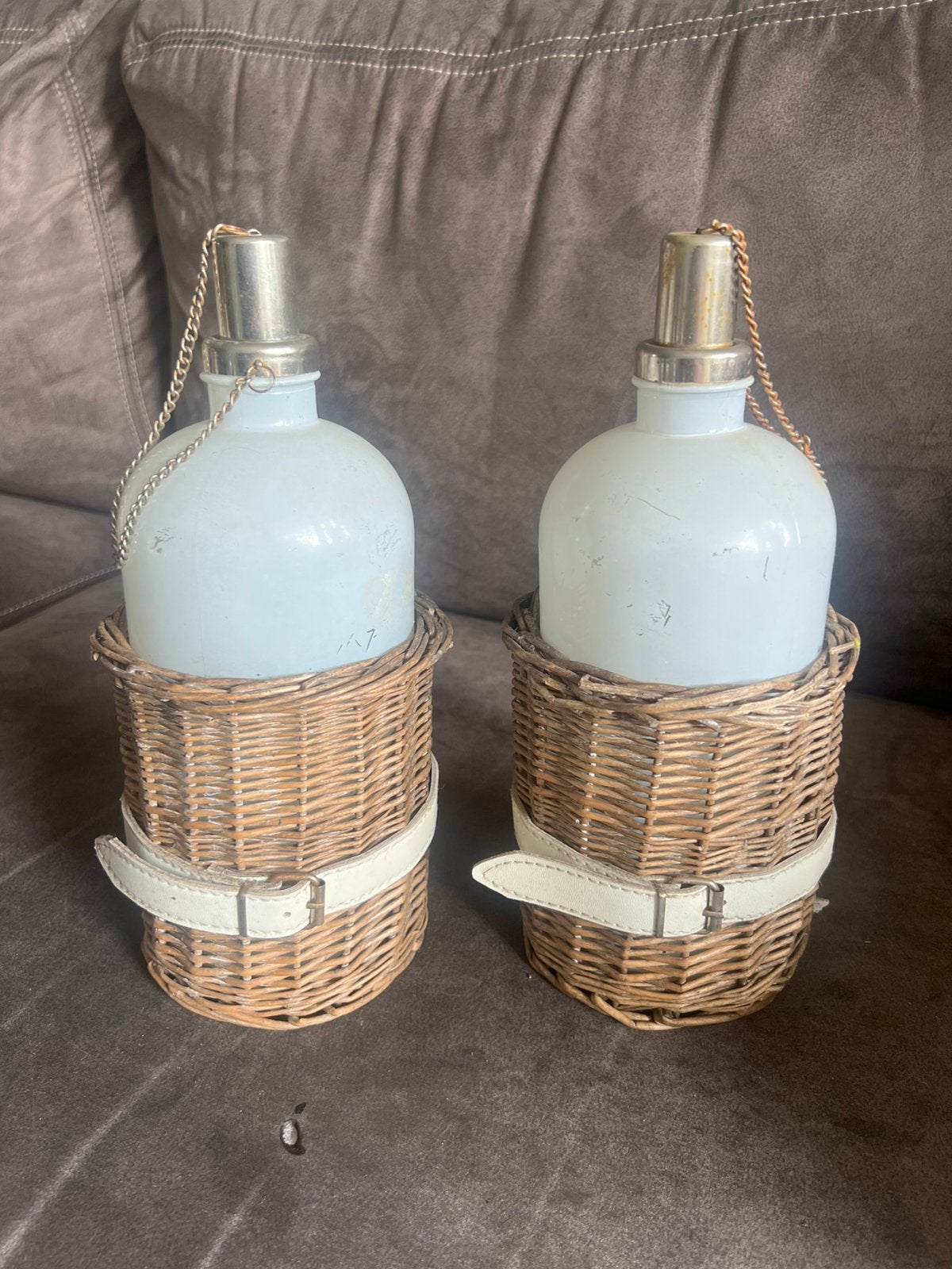 2 Vintage Olielampen Glas / Rieten., Ophalen of Verzenden