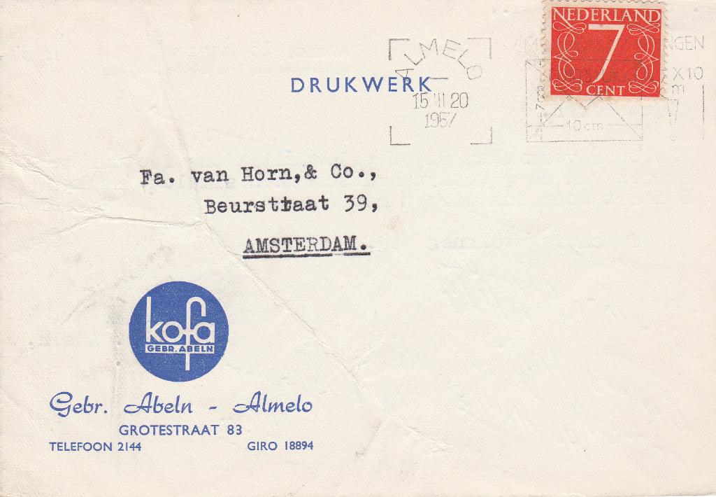 ALMELO 1957 Geb ABELN Grotestr. 83 KOFA bestelt handschoenen, Verzamelen, Verzenden, 1940 tot 1960, Gelopen, Overijssel