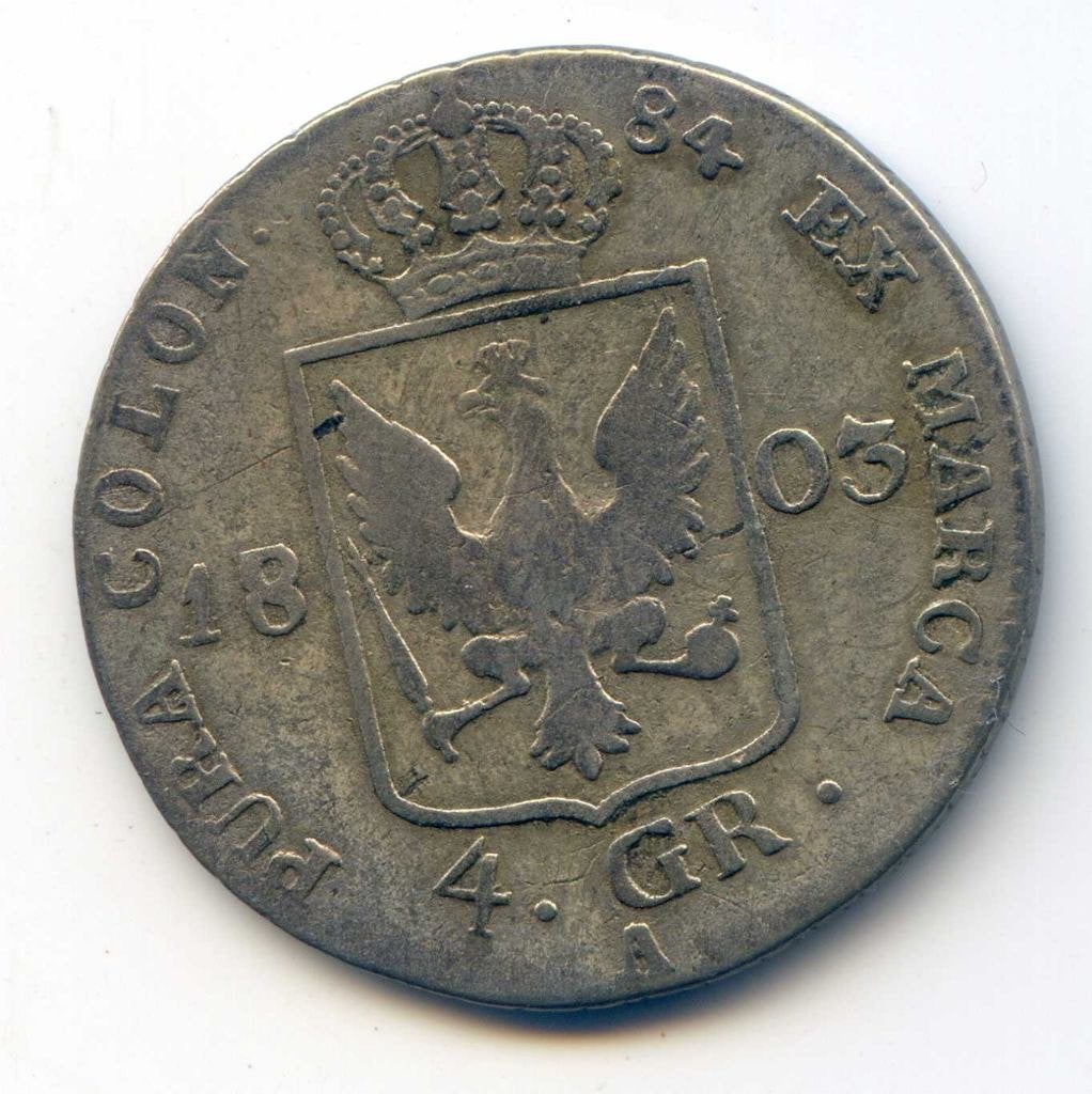 Duitsland Pruissen 4 Groschen 1803 Afwijkende 8 (7?) en 3, Ophalen of Verzenden, Duitsland, Zilver
