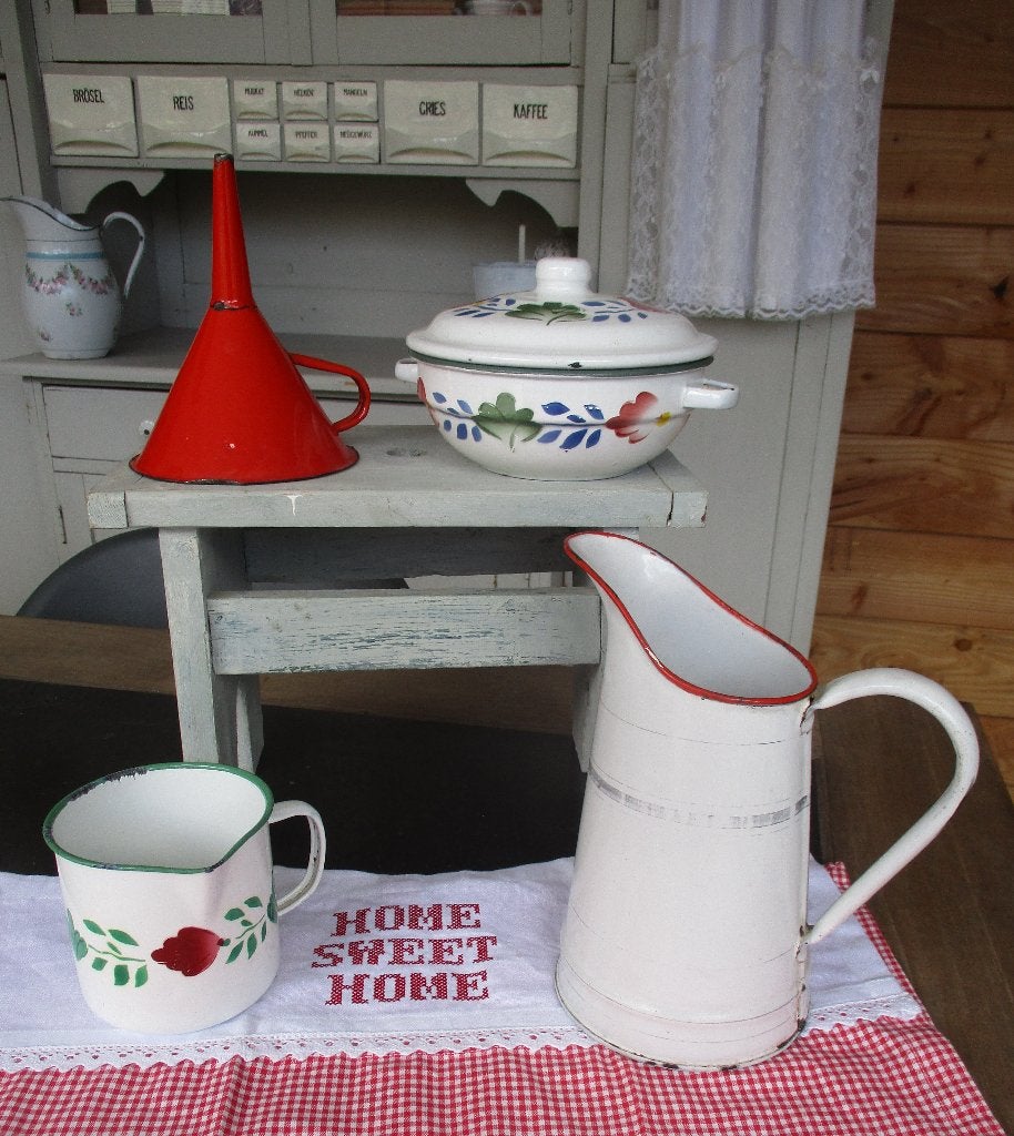 emaille brocante kan, maatbeker en trechter, Ophalen of Verzenden