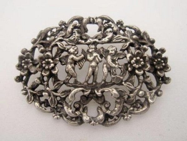 Miracle grote vintage broche Cherubijnen, Engeltjes (4253), Ophalen, Zo goed als nieuw, Zilver, Overige materialen