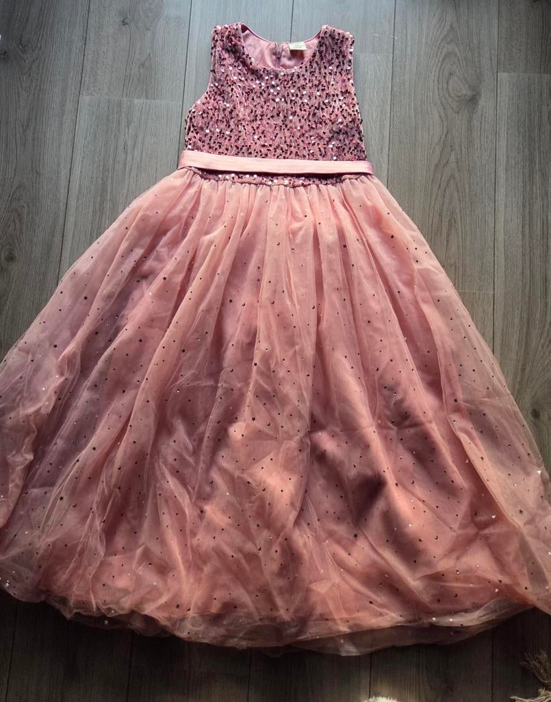Prinsessen Feestjurk Roze met Pailletten en Strik Maat 140, Ophalen, Zo goed als nieuw, Jurk of Rok, Meisje