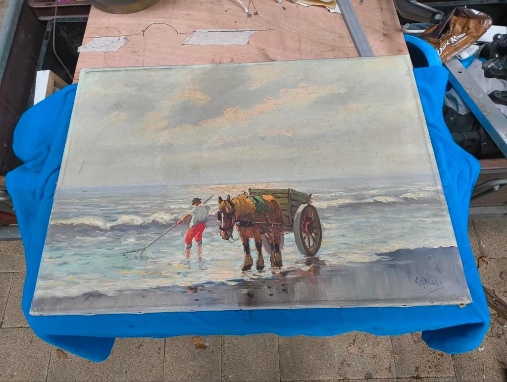 Schilderij Zee kust paard en wagen, Ophalen