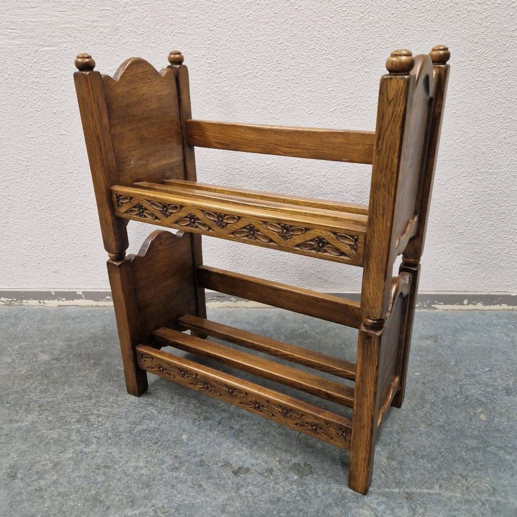 2 delige vintage flessenrek wijnrek eiken houtsnijwerk, Kolibrivintagehal@gmail.com, Gebruikt, Kolibri vintage, Ophalen of Verzenden
