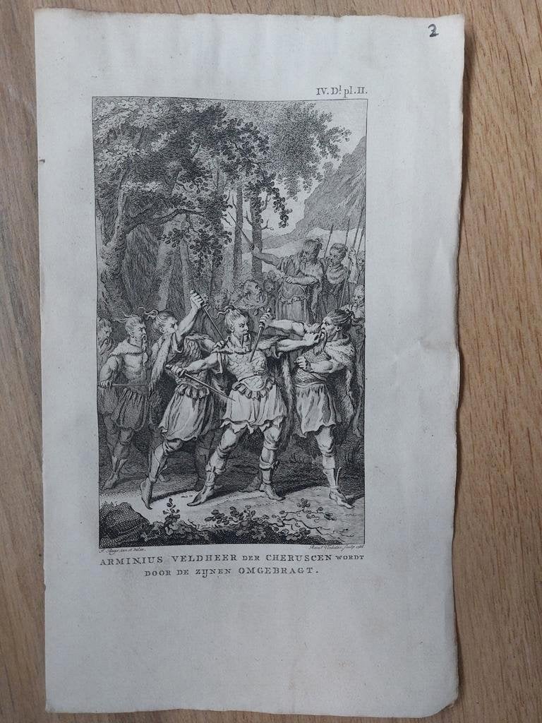 2 / Arminus Veldheer der Cheruscen omgerbraht - gravure 1791, Antiek en Kunst, Ophalen of Verzenden