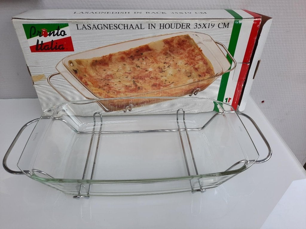 Vuurvaste oven schaal + RVS houder Pronto italia NIEUW, Huis en Inrichting, Overige merken, Nieuw, Ophalen of Verzenden, Overige stijlen