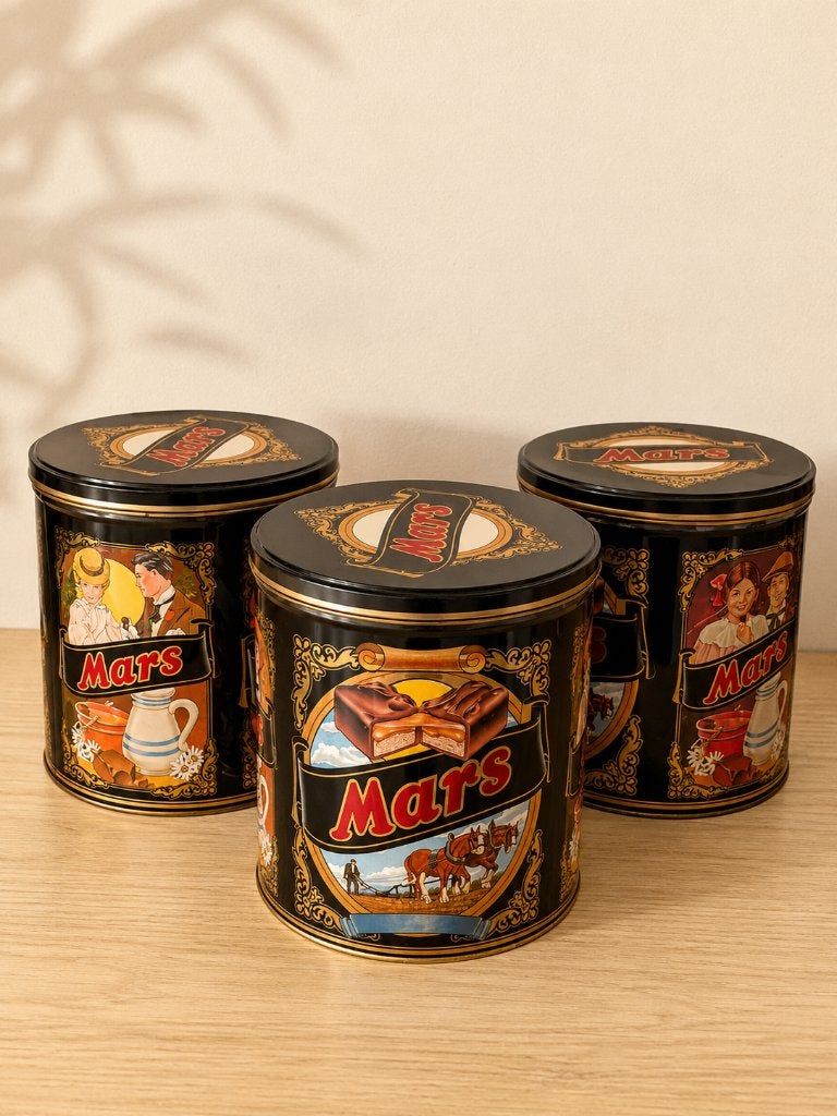 Set van 3 Vintage Mars bewaarblikken / koektrommels, Ophalen of Verzenden, Gebruikt, Koek(jes), Overige merken