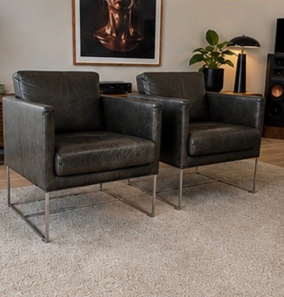 2x Bert Plantagie Pallas design fauteuil – leer & RVS, Ophalen, Gebruikt, 75 tot 100 cm, Modern