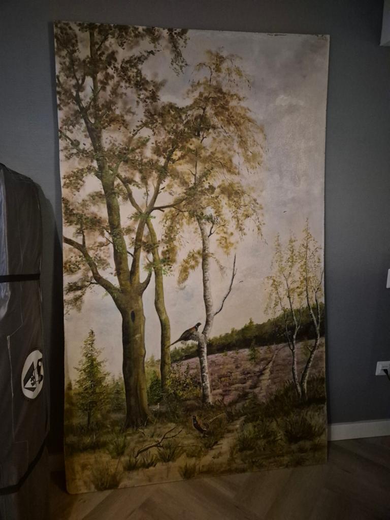 Groot Schilderij: Boslandschap met Fazanten en Ree, Antiek en Kunst, Kunst | Schilderijen | Klassiek, Ophalen of Verzenden
