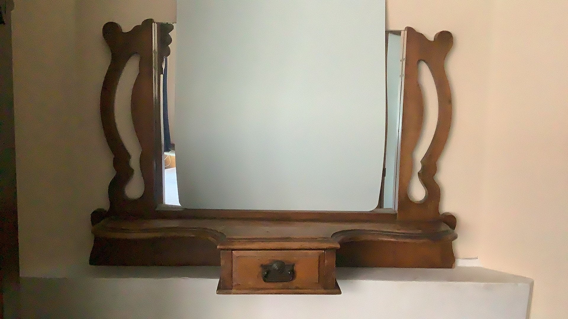Brocante houten houder voor spiegel kaptafel, Ophalen, Hout, Bruin, Gebruikt