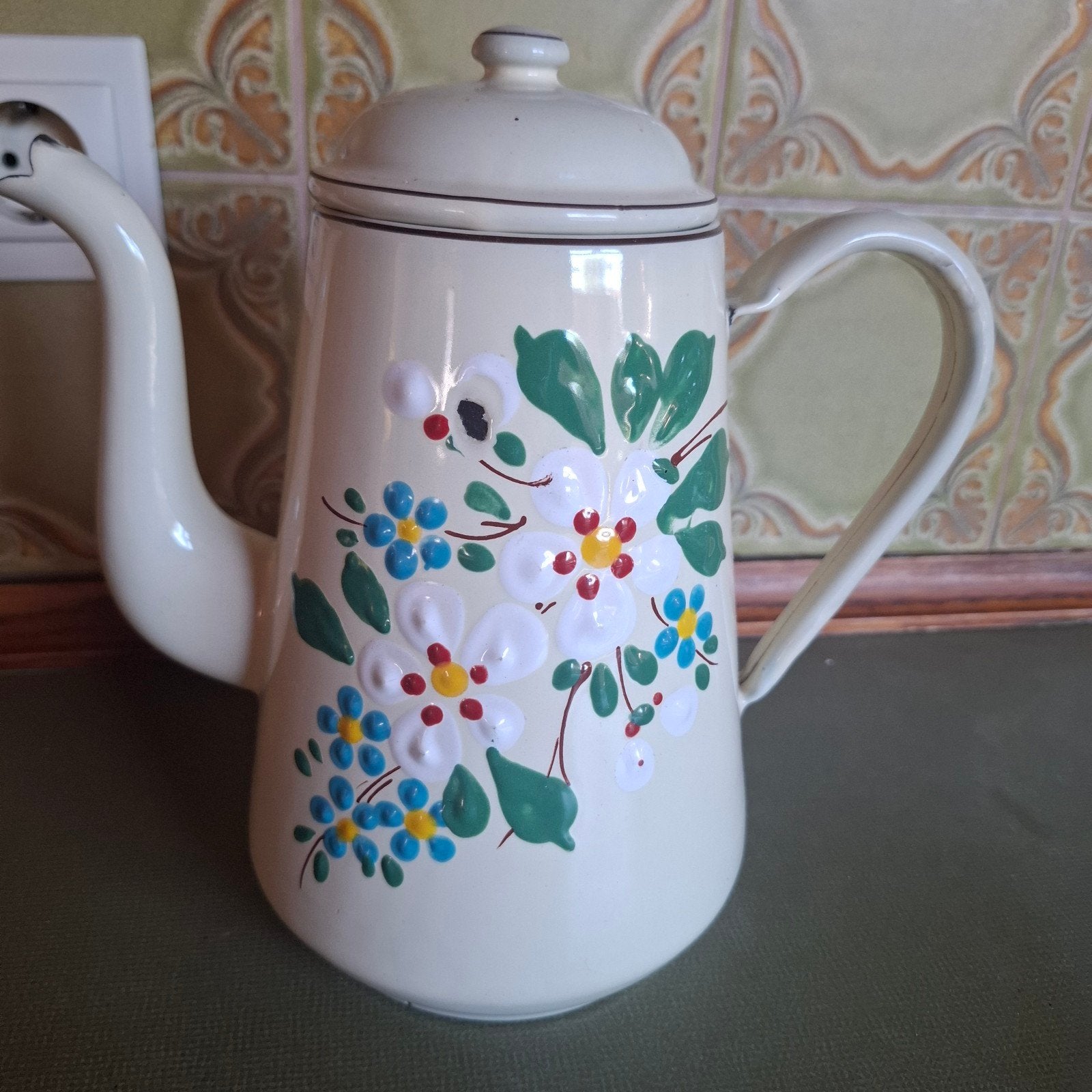 Vintage geëmailleerde koffiekan met bloemendecoratie, Ophalen of Verzenden