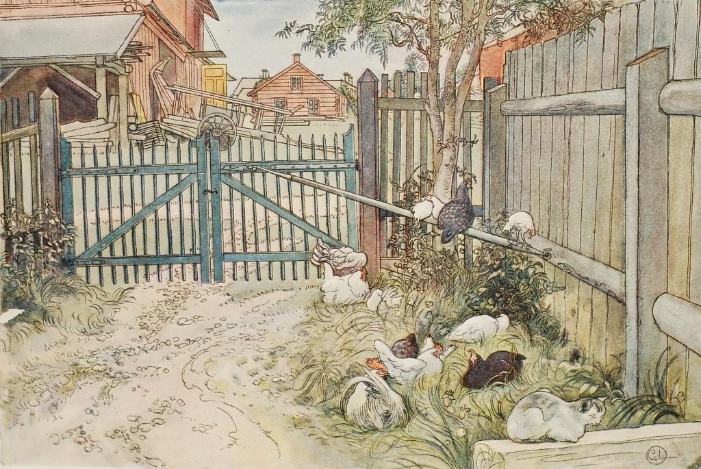 Antieke kleurenplaat Carl Larsson De Poort Eerste druk 1899, Verzamelen, Foto's en Prenten, Verzenden, Voor 1940, Gebruikt, Dier