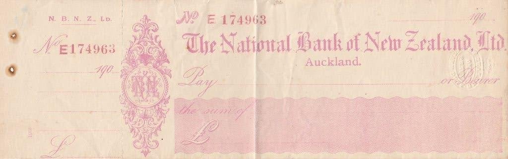 CHEQUE NATIONAL BANK OF NEW ZEALAND 1900-1909, Verzamelen, Ophalen of Verzenden, Gebruikt