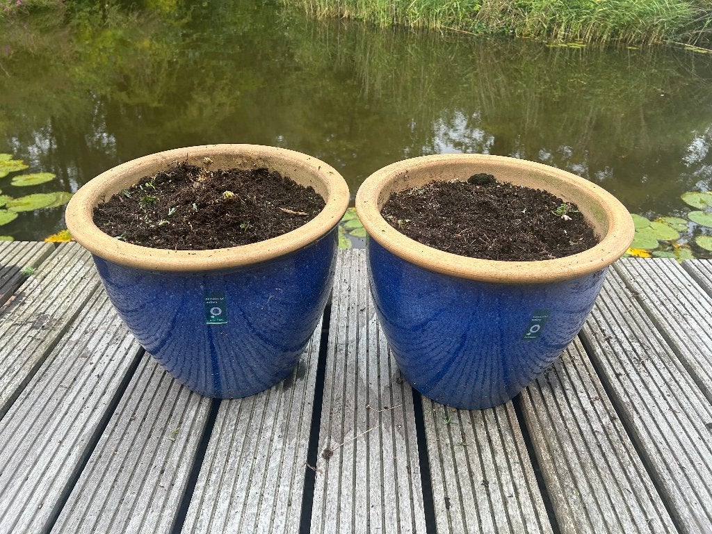 2 Ronde buitenpotten ultramarijnblauw 30hoog, 38diameter, Tuin en Terras, Gebruikt, Rond, Minder dan 40 cm, Terracotta