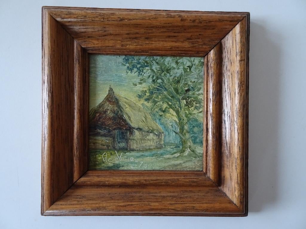 Miniatuur olieverf schilderij boerderij erf boom landschap, Ophalen of Verzenden