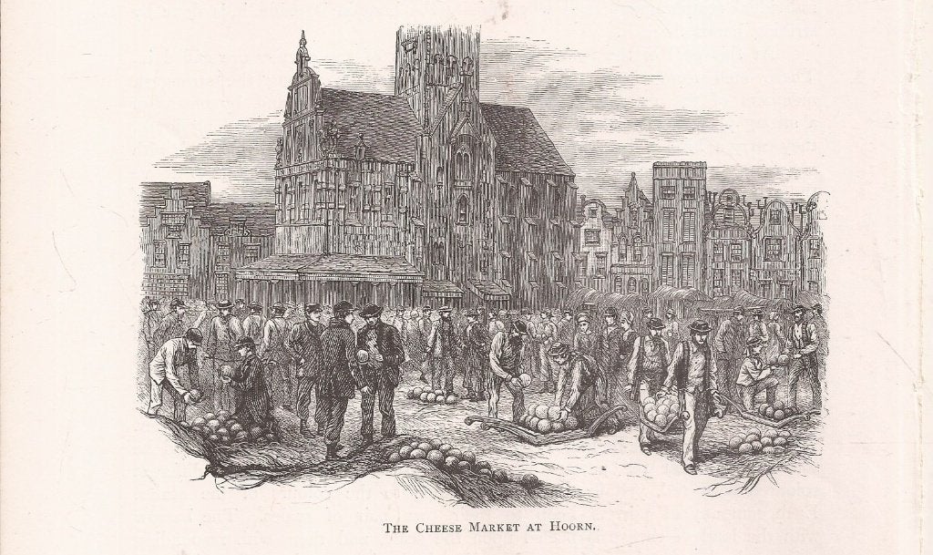 Alkmaar The Cheese Market at Hoorn = Alkmaar 1887 Houtgravur, Antiek en Kunst, 1800 - 1899, Stadsgezicht, Ophalen of Verzenden