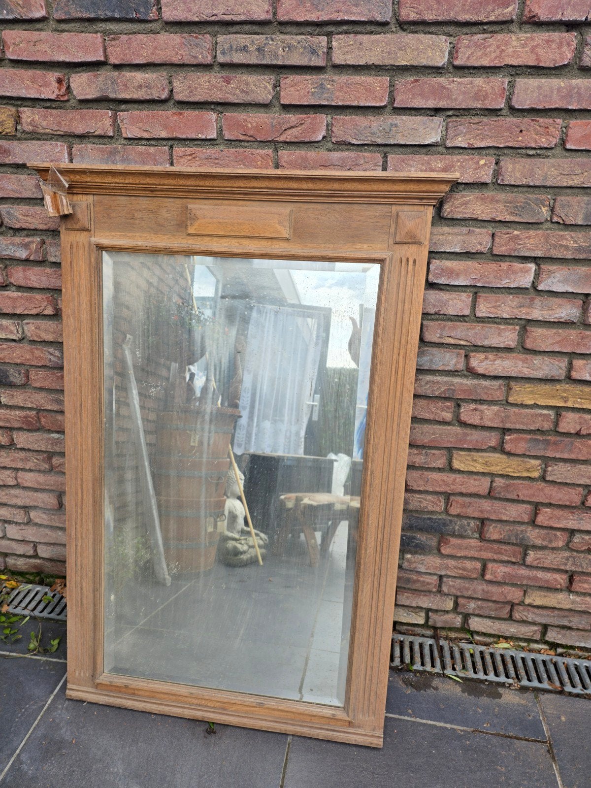 Antieke spiegel met houten lijst, Ophalen of Verzenden, Rechthoekig, 50 tot 100 cm, 100 tot 150 cm