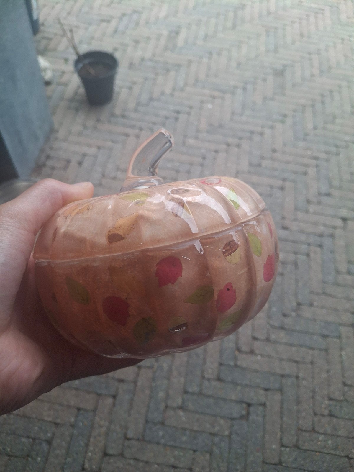 Glazen pompoen schaal/potje met herfstdecoratie, Meerkleurig, Overige stijlen, Ophalen of Verzenden, Zo goed als nieuw
