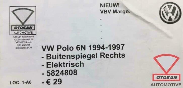 vw polo 6n 1994 1997 buitenspiegel rechts elekt. rechts nieu, Volkswagen, Volkswagen AG, Nieuw, Berliner Ring 2
38440  Wolfsburg, DE