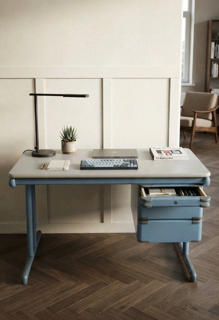 Pastel Blauw vintage bureau 120x80 cm met lades - Panto aspa, Met lades, Gebruikt, 120 cm, Metaal
