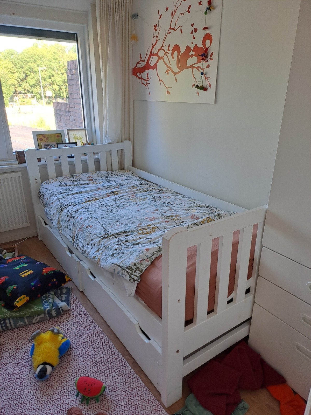 Wit eenpersoonsbed met lades van hout, Ophalen, Gebruikt, 90 cm, Wit