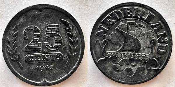 25 cent 1941 Zink, Postzegels en Munten, Munten | Nederland, Verzenden, Koningin Wilhelmina, 25 cent
