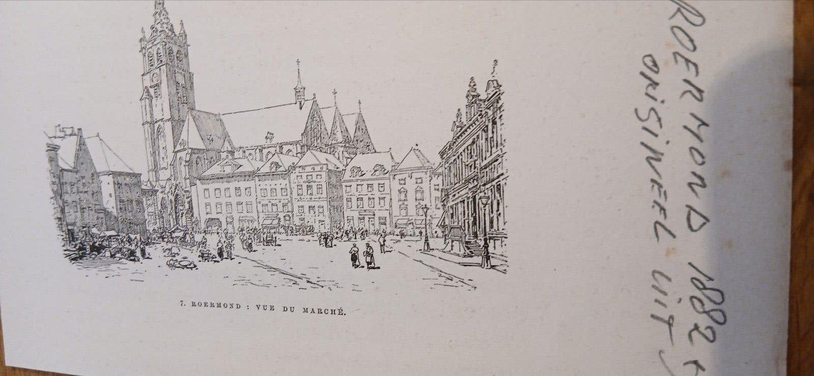 Originele afbeelding Roermond 1882 - Vue du Marché, Ophalen of Verzenden, Tekening, Pentekening, Origineel