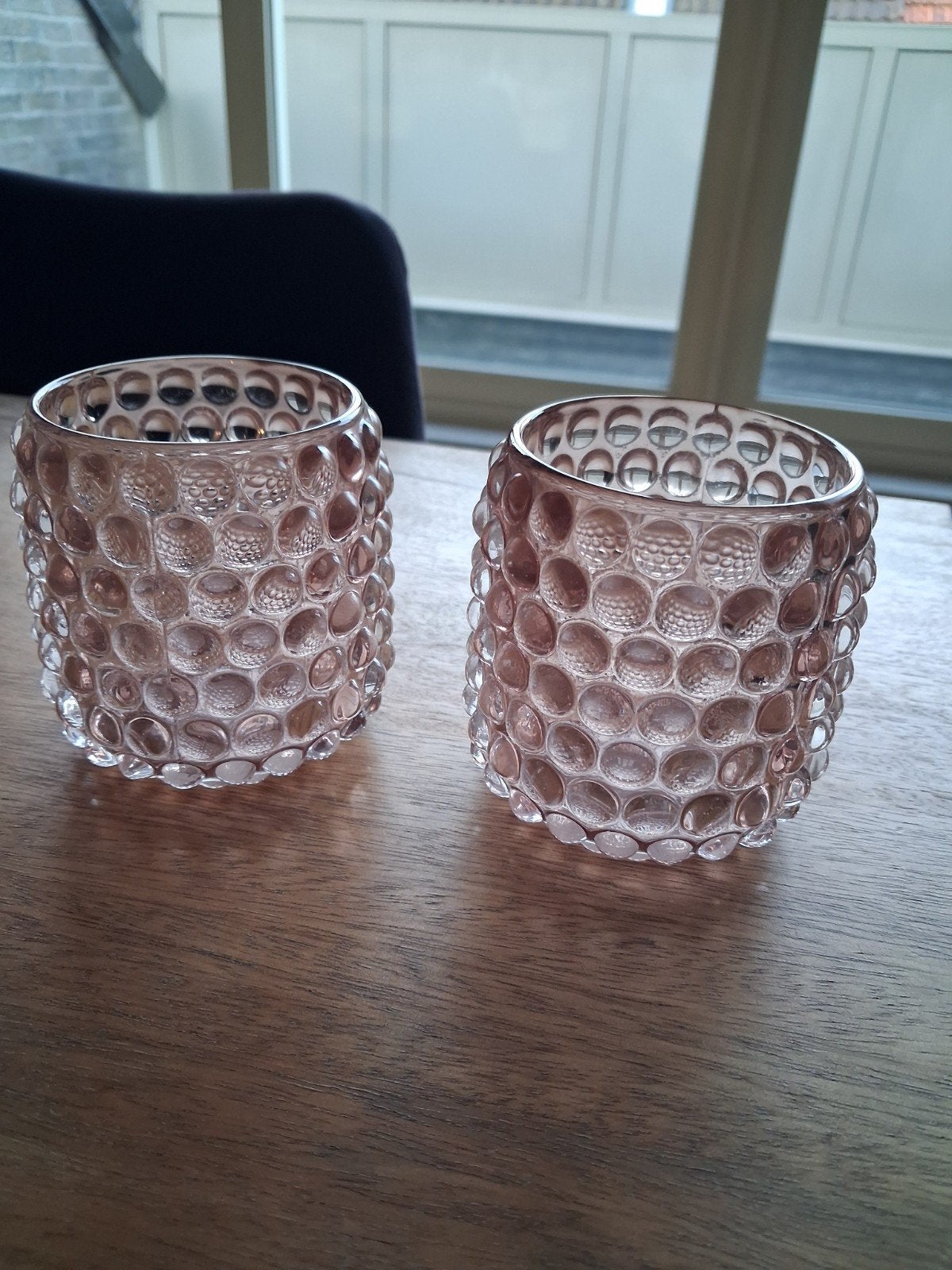 Set theelichthoudertjes, roze, glas, onbeschadigd, Blokker, 9 cm, Overige merken, Waxinelichthouder, Ophalen of Verzenden