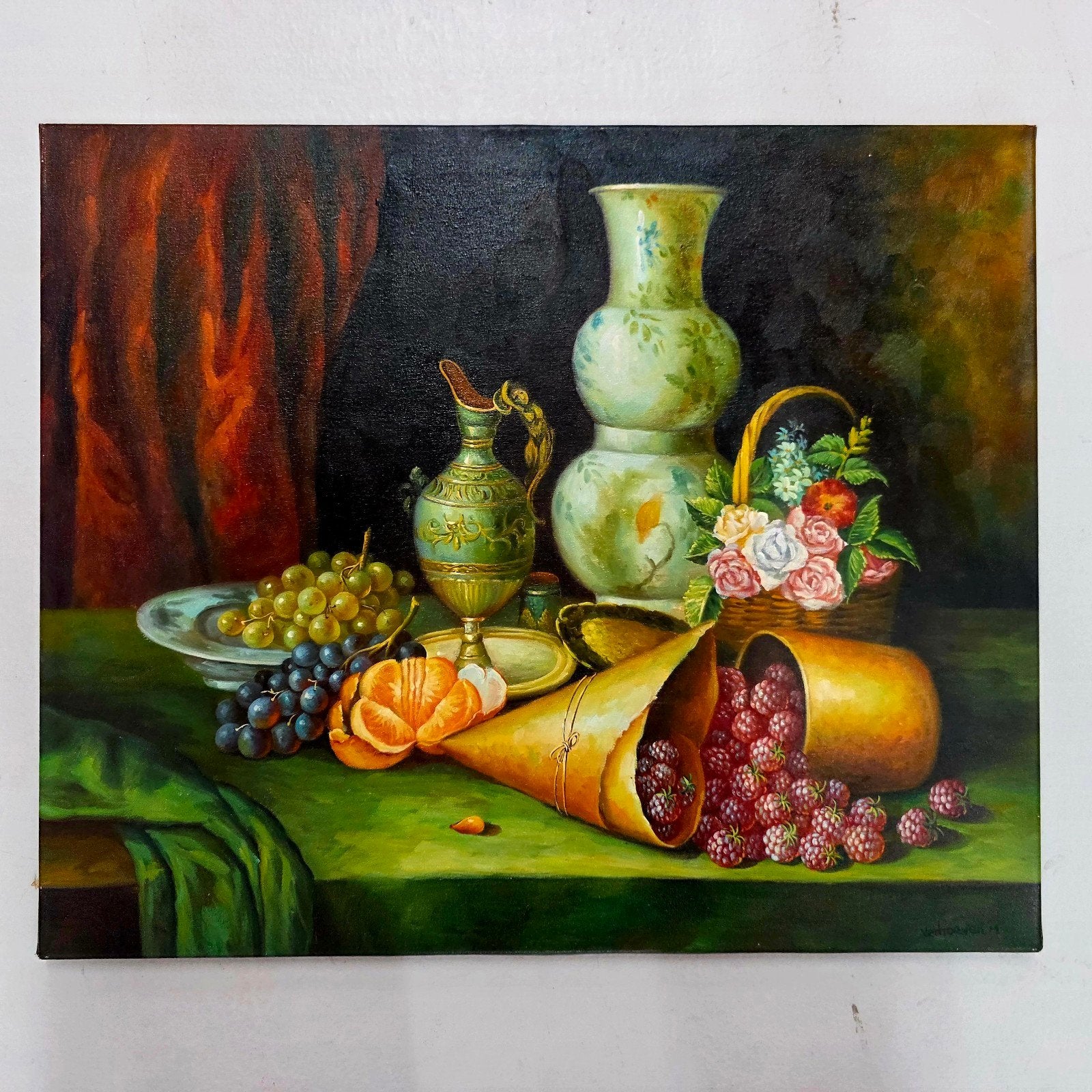 Klassiek Stilleven met Fruit en Vazen - Olieverf op Doek, Ophalen of Verzenden
