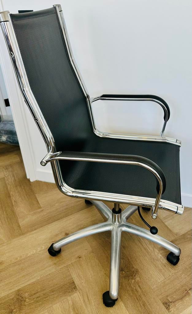 Sitland design bureaustoel chroom / leer – Italiaans, Ophalen, Zwart, Zo goed als nieuw, Bureaustoel