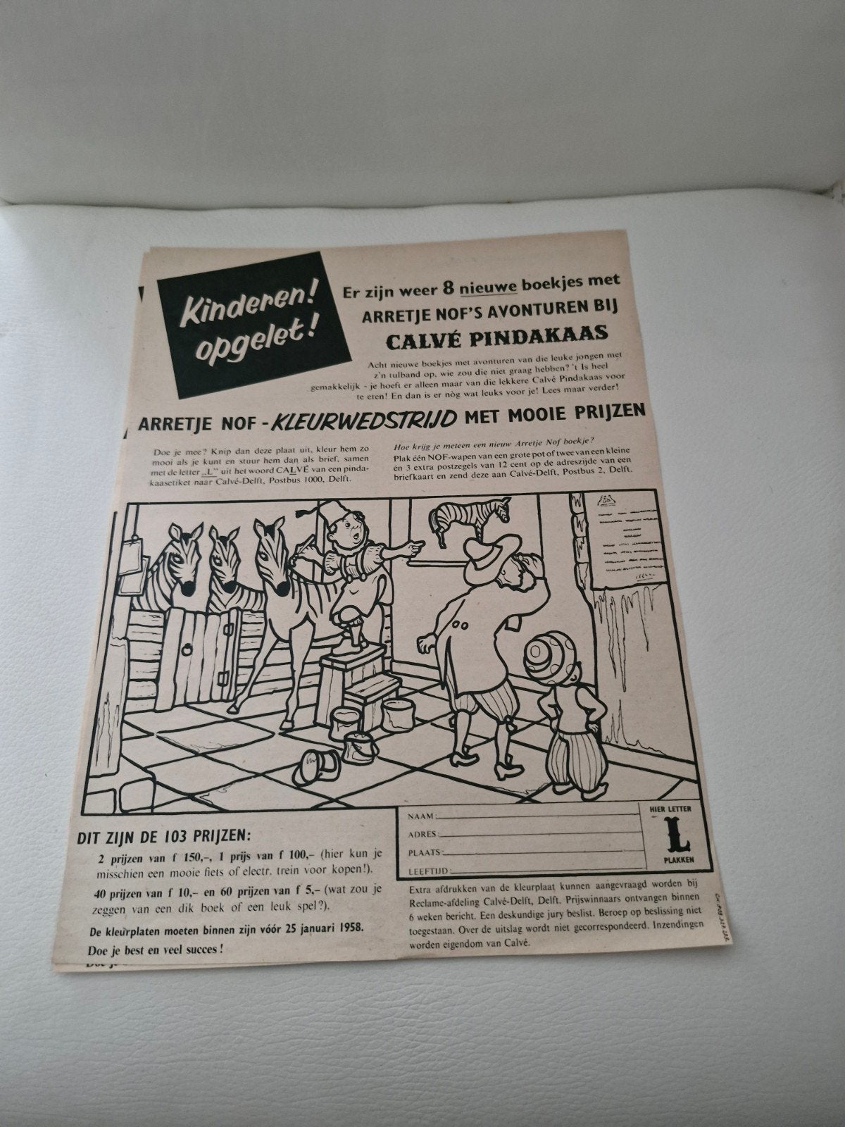 Calvé Pindakaas Advertentie - Arretje Nof Kleurwedstrijd, Verzamelen, Ophalen of Verzenden, 1940 tot 1960, Nederland, Knipsel(s)