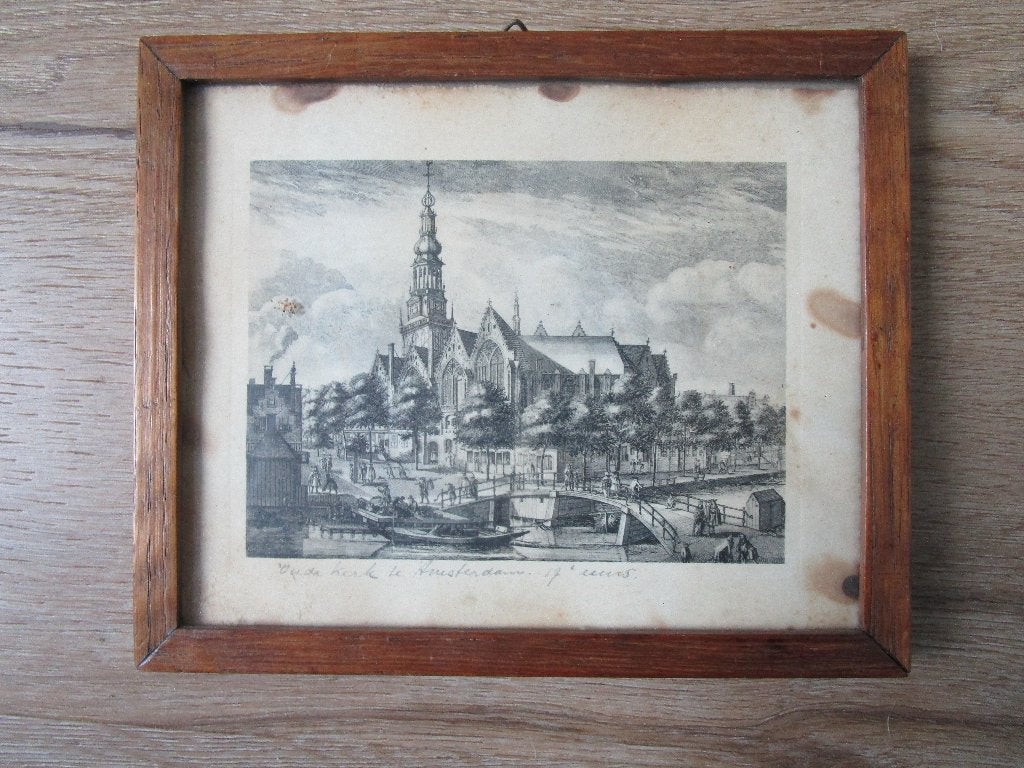 Antieke kopergravure/ets Oude Kerk te Amsterdam 17e eeuw, Ingelijst, Verzenden, Stadsgezicht, Gravure