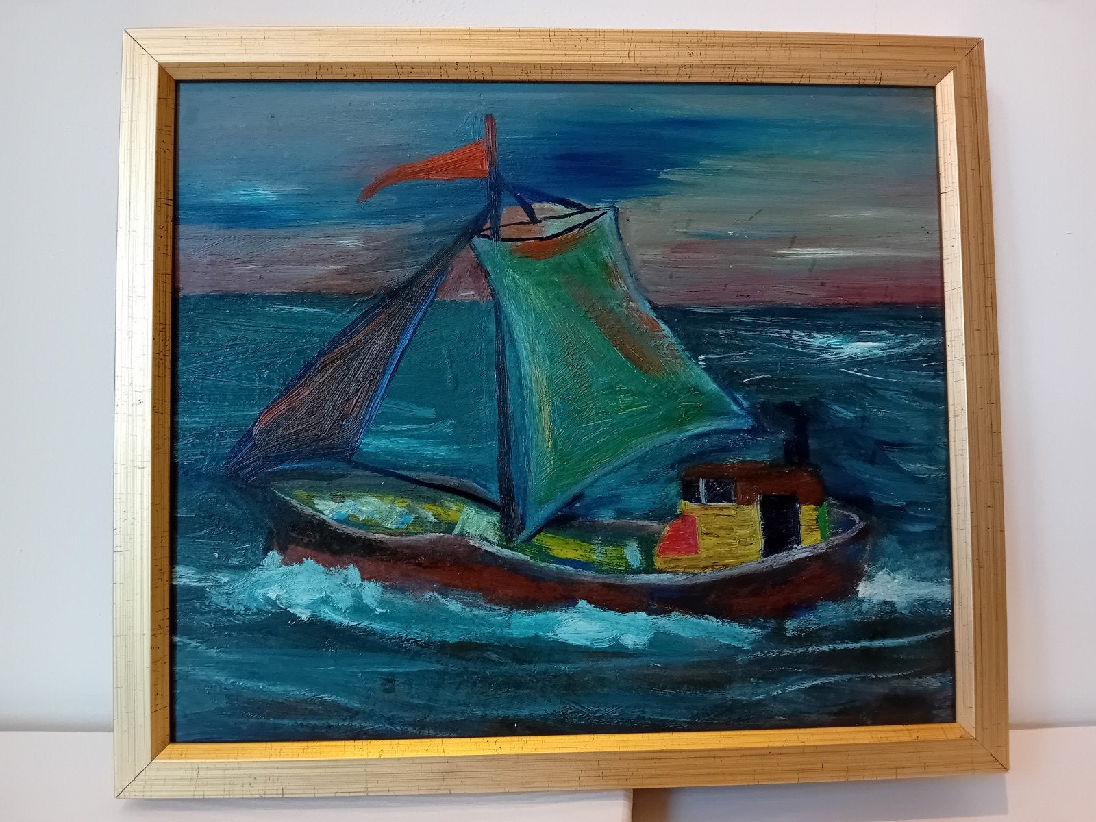 Schilderij zeilboot op zee, ingelijst, Overig onderwerp, Ophalen of Verzenden, Olieverf, Overige materialen