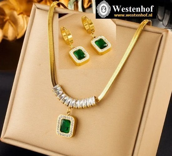 Luxe sieraden set juwelen goud ketting met oorbellen hanger