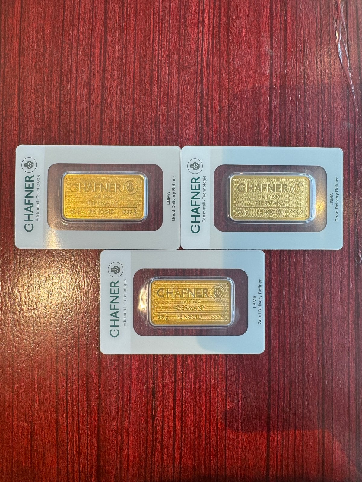 3x 20 gram goudbaar C. Hafner met certificaat, Ophalen of Verzenden, Goud