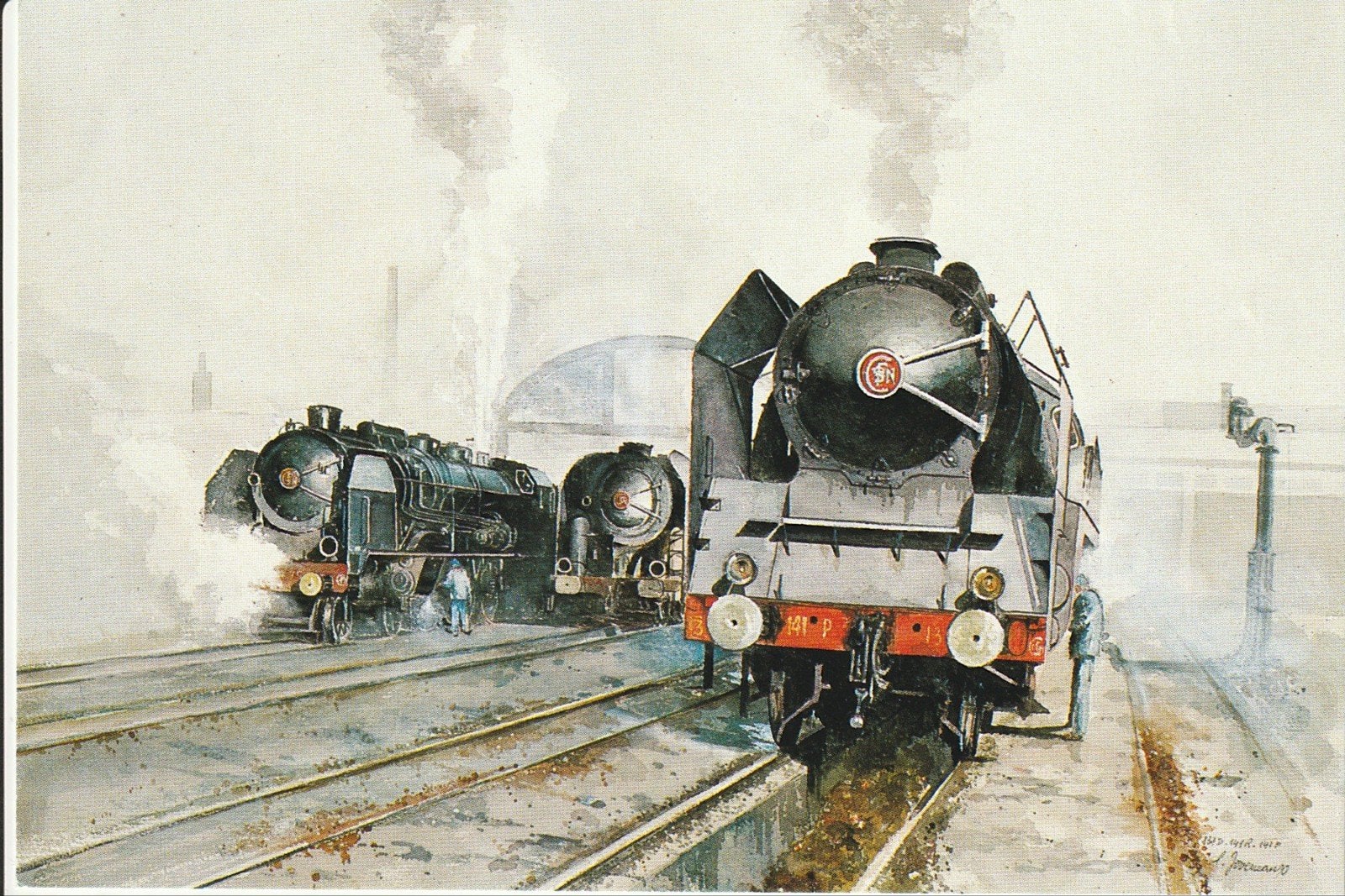 FRANSE STOOMLOCOMOTIEVEN AQUARELLEN JULIEN JOVENEAUX, Ophalen of Verzenden, Nieuw, Trein, Kaart of Prent