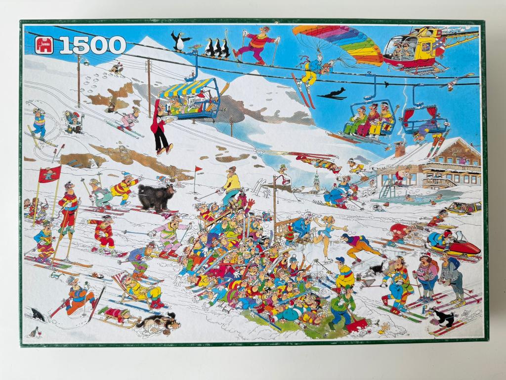 Puzzel Wintersport, Break a Leg 1500 st / Jan van Haasteren, Ophalen of Verzenden, 500 t/m 1500 stukjes, Gebruikt, Legpuzzel