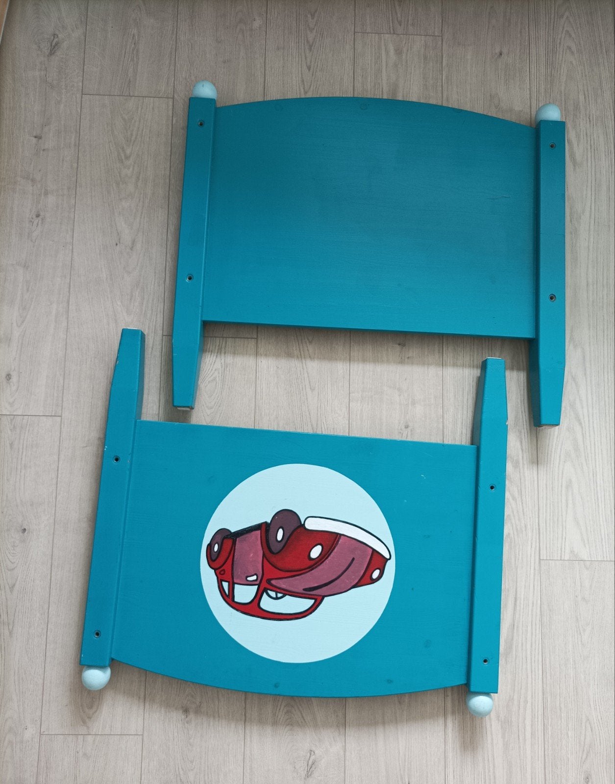 Kinderbed groen/blauw met auto 150x70 cm, Ophalen, Gebruikt, 70 tot 85 cm, Lattenbodem